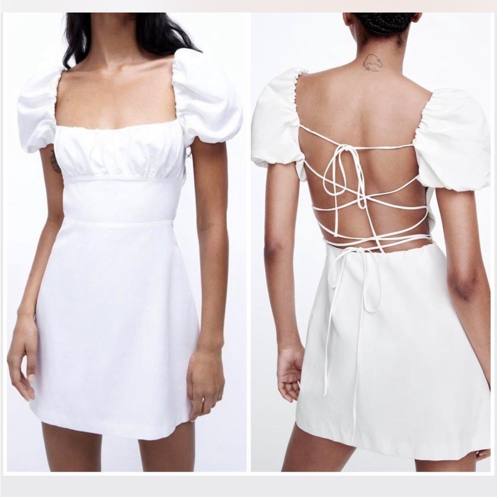 Zara White Backless Puff Sleeve Dress